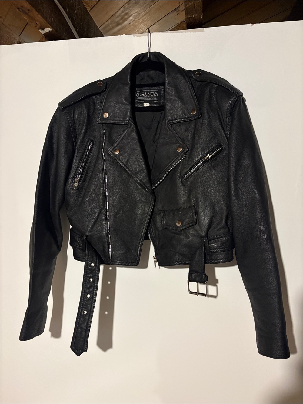 Vintage boxy cropped leather biker jacket